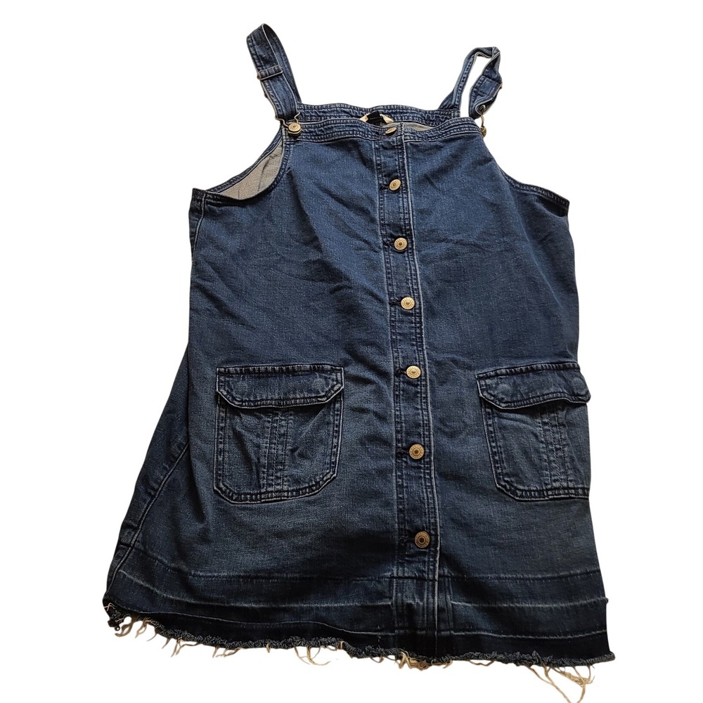 American Eagle Denim Overall Dress XL Blue Button Front Frayed Hem Pinafore